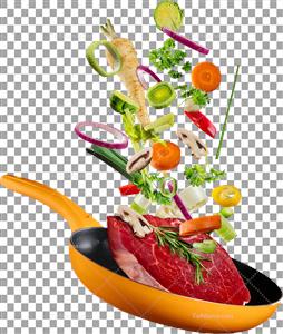 تصویر با کیفیت استیک و سبزیجات روی ماهی تابه